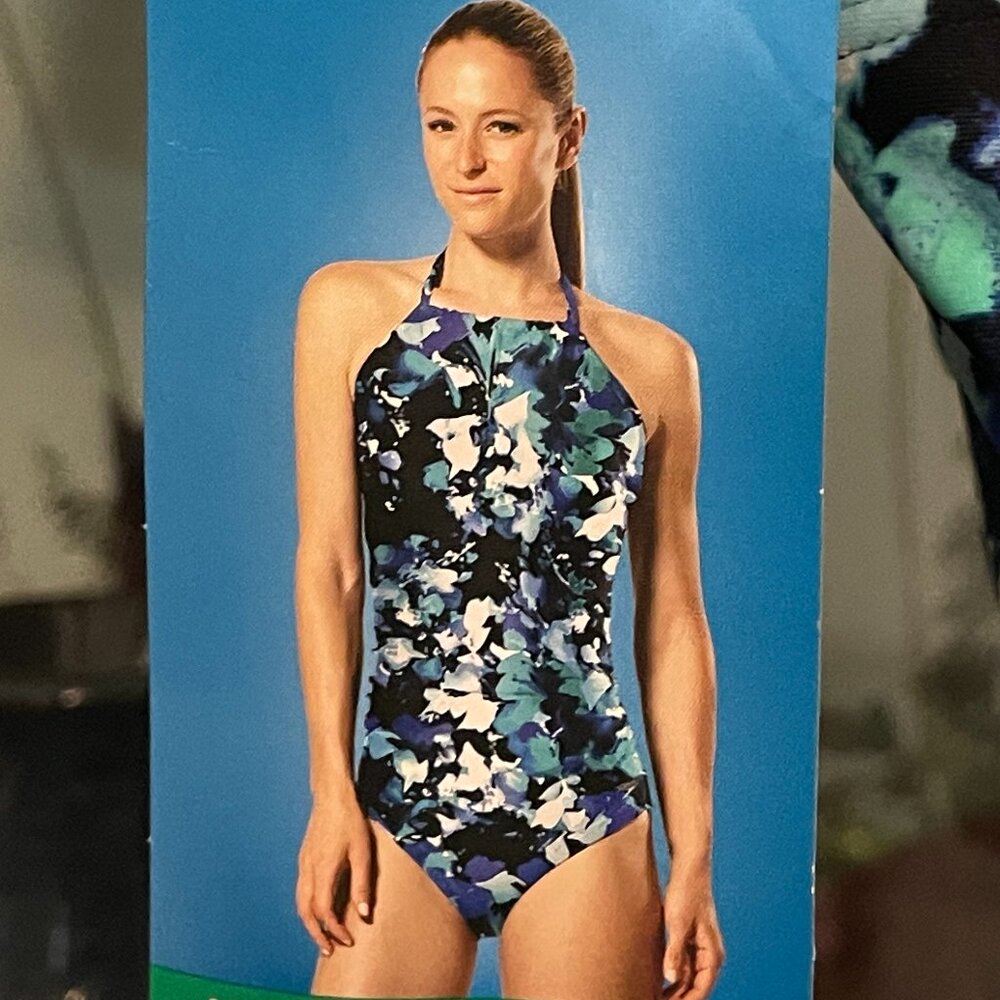 NWT High Neck Keyhole SPEEDO Blue Print Swimsuit XL  UV +50